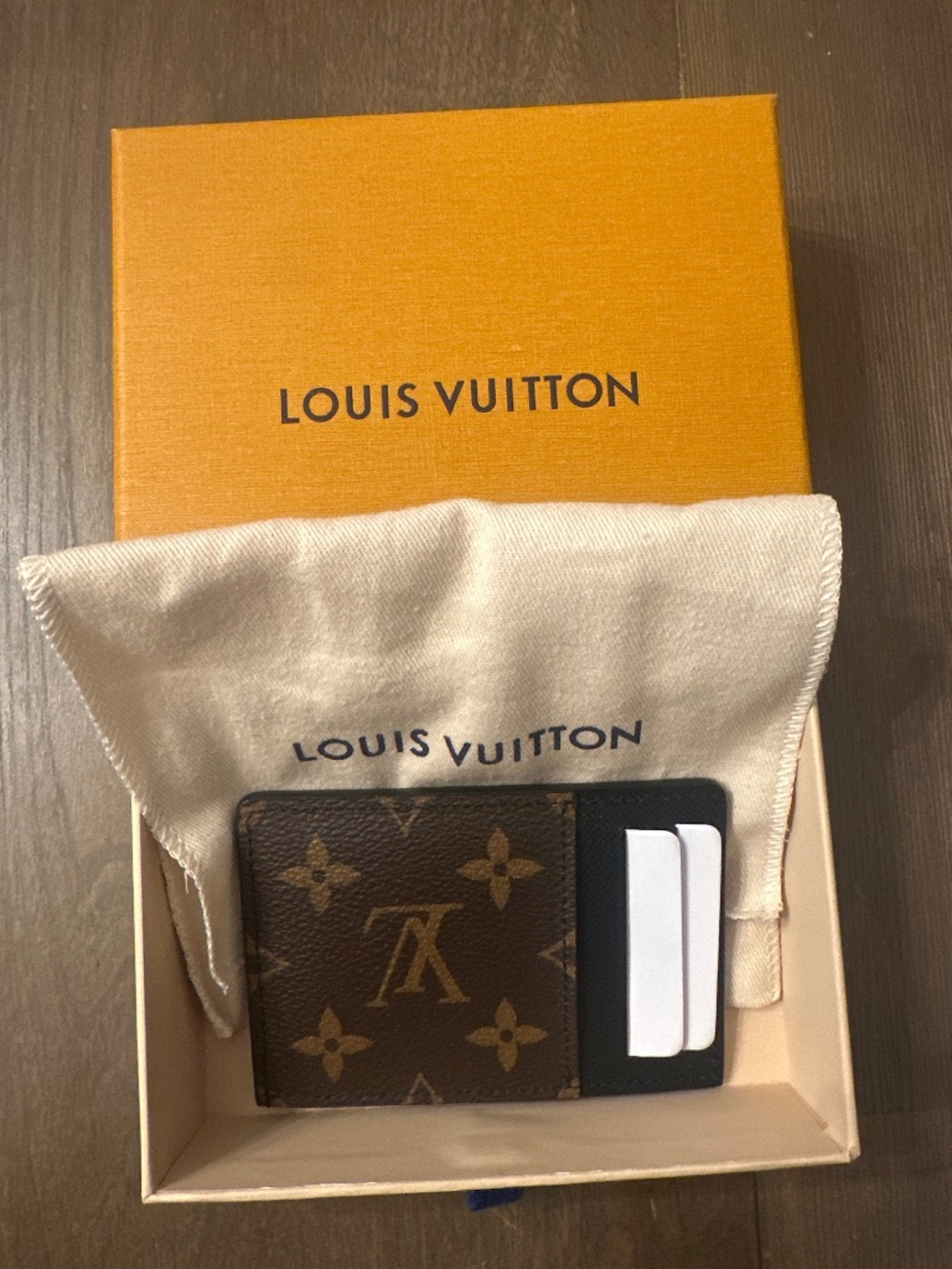 Louis Vuitton Monogram Leather Card Holder Brown Black Pocket Style